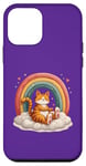 Coque pour iPhone 12 mini Chat orange assis sur un motif arc-en-ciel mignon pour filles