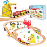 SYNCFUN 60Pcs Ensemble Train Enfant en Bois Montessori, Voiture Enfant Train, Jouet Train Cadeaux pour Garçons Filles 3 4 5+ Ans, Chemin de fer d'ingénierie avec Grue Magnétique, Trains et Accessoires