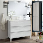 Ensemble meuble de salle de bain 100cm simple vasque + colonne de rangement TIRIS - hibernian (bois blanchi)