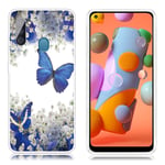 Samsung Deco Galaxy A11 kuoret - Sininen Perhonen ja Kukka Tummansininen