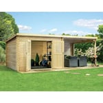 Abri de jardin, rangement a outils. Structure en madriers emboites de 28 m/m. 320x600 cm, double porte 1/2 vitree, avec auvent lateral, toiture mono