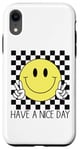 Coque pour iPhone XR Have a Nice Day, sourire rétro des années 70, visage souriant à carreaux