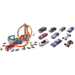 Hot Wheels Coffret 10 véhicules, Jouet pour Enfant de Petites Voitures Miniatures, modèle aléatoire + Action Coffret Piste Ouragan avec propulseur et loopings pour Courses et Cascades