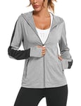 Wayleb Womens Zip Up Hoodie Sports Jacket Ladies Hoodies Long Sleeve Gym Tops Hooded Sweatshirt Running Coat with Pockets and Thumb Holes Grey