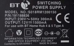 UK Mains 12V 1500mA Switching Power Supply for BT HUB (SO18RM1200150)