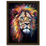 Artery8 Lion Head Oil Painting Rainbow Colour Mane Hair Vibrant Portrait Artwork Framed Wall Art Print A4
