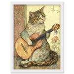 Street Musician Cat with Guitar by Flower Pattern Mural Pastel Watercolour Illustration Artwork Framed Wall Art Print A4