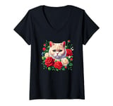 Womens Roses Flowers British Cream Cat British Shorthair Cat V-Neck T-Shirt