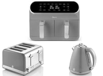 SWAN Retro Grey Kettle 4 Slice Toaster & 8L Dual Basket Air Fryer Matching Set