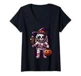 Womens Scary Halloween Astronaut Witch Hat Costume Spooky Season V-Neck T-Shirt