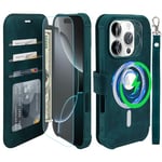 VANAVAGY Compatible for iPhone 16 Pro Wallet Case for Magsafe Wireless Charging,Leather Flip Folio Wrist [Glass Screen Protectors & Camera Lens Protectors]with RFID Block Card Holder,Midnight Green