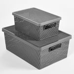 OHS Lot de 2 paniers de rangement en rotin avec couvercles - Gris - Pour cuisine, salle de bain, chambre à coucher, bureau - Avec couvercles