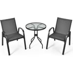 COSTWAY Salon de Jardin 3 Pièces - 1 Table de Jardin Exterieur avec 2 Fauteuils, Plateau Ø 60 cm en Verre Trempé Cadre en Acier Gris