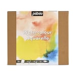 PEBEO – Aquarelle - Set 24 Demi Godets + Accessoires + Carnet Papier Aquarelle - Kit Aquarelle pour Artiste et Débutant – Pinceau Réservoir + Feutre Noir + Carnet Aquarelle - Couleurs Lumineuses