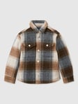 Reiss Kids' Marlon Brushed Tweed Fleece-Lined Check Overshirt, Brown Melange