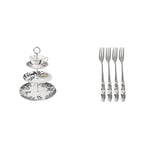 V&A Alice in Wonderland 3-Tier Cake Stand & V&A Alice in Wonderland Stainless Steel Dessert/Pastry Forks with Decorative Porcelain Handles, 15.5 cm - White