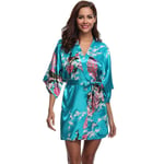 GROPC Women Satin Dressing Gown,Valentines Day Sexy Lingerie Silk Silky Peacock Print Babydoll Kimono Bridal Wedding Short Robe Dress Bathrobe Plus Size Nightie Sleepwear, Lake Blue,Xl