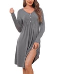 Crewhpo Chemise de Nuit Femme Manches Longues Vêtement de Nuit Coton Col V Robe de Nuit Longues pour Hiver Chemise de Nuit de Couleur Unie Confortable et Doux