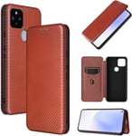 Compatible Avec Coque Google Pixel 5a, Mince Flip Fibre De Carbone [Test De Chute] Antichoc Stand Fente Avec Carte, Protecteur D'écran En Verre Trempé*2-Marron