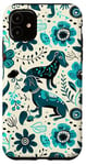 Coque pour iPhone 11 Motif Teckel Ethnique Fleurs Turquoise pour Weiner