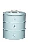 4pc Vintage Blue Stainless Steel Kitchen Storage Set with Tea, Coffee & Sugar Canisters and Three Tier Cake Tin