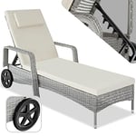 tectake® Chaise Longue Bain de Soleil en Resine Tressee Résistant Inclinable avec Roulettes Transat Salon de jardin exterieur Mobilier de Jardin Chaise Longue Piscine Plage - Gris Clair/Crème