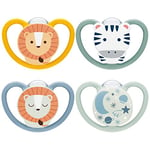 NUK Space Day & Night Tetine pour bébé | 6-18 mois | Sucettes phosphorescentes avec aérations extra-larges pour les peaux sensibles | Silicone sans BPA | Zèbre & Lion | Lot de 4