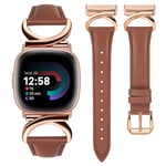 TOYOUTHS Leather Strap Compatible with Fitbit Versa 4/Versa 3/Sense 2/Sense Women Slim Thin Dressy Elegant Premium Leather Strap with C-Shaped Metal Buckle for Versa 4 Sense 2, Brown/Rose Gold