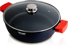 WECOOK! Ecostone Casserole Basse, Induction, Couvercle en Verre 24cm, Antiadhésive XTRA DUPONT Écologique sans PFOA, Fonte d'Aluminium, Épaisseur 5mm, Poignées en Silicone, Vitrocéramique, Gaz, Four