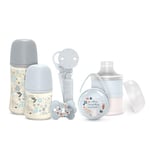 Suavinex, Coffret Cadeau Nouveau-né. Kit Biberons Anti-Coliques 150 ml et 270 ml + Sucette 0/6 Mois avec Tetine Symétrique SX Pro + Doseur Lait + Attache-sucette + Boîte à Tétines. Wonderland Bleu