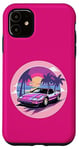 iPhone 11 Pink and Purple Sports Car In Front of Palms and Sun Set Case