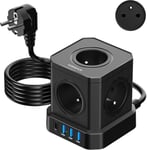 Cube Multiprise (16A/4000W) 5 Prises Françaises Avec 3 Ports Usb Et 1 Port Type-C, Bloc Multiprise Parafoudre Et Surtension Avec Interrupteur, Câble 2Mpour Maison Bureau,Voyage (Noir)