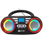 KLIM B3 Portable CD Player - NEW 2024 - FM Radio CD MP3 Bluetooth AUX USB RGB Lights - CD Boombox - Wired and Wireless Mode with Rechargeable Batteries - Upgraded CD Laser Lens - Digital EQ - Red