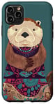 Coque pour iPhone 11 Pro Max Violet moderne ethnique mignon loutre de mer sur bleu sarcelle uni