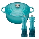 Le Creuset Signature Cast Iron Round Casserole, 28 cm, Pepper and Salt Mill, Teal