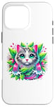 iPhone 16 Pro Max Beloved Cat with Green Leaves Cat Lovers Pink Waterfalls Case