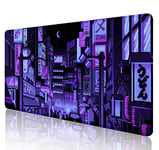 SXCKANG Dark Purple Japanese Anime Desk Mat, Retro Vaporwave Large Gaming Mouse Pad for Laptop Computer, Neon Tokyo Street Pixel Art Full Desk Mouse Pad, XXL Skyline City Mousepad- 31.5 x 15.7 Inch