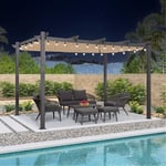 PURPLE LEAF Pergola avec Guirlande Lumineuse Exterieure Pergola Jardin Exterieur 4 x 3 m Tissu Teint en Fil, Pergola Aluminium Toit Rétractable, Kaki