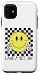 Coque pour iPhone 11 Have a Nice Day, sourire rétro des années 70, visage souriant à carreaux