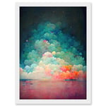 Beach Sunset In Bubble Clouds Dreamy Surreal Abstract Artwork Framed Wall Art Print A4