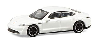 Schuco 452655800 Heart Porsche Taycan, Turbo S, Carrera, Maquette de Voiture, échelle 1:87, Blanc métallisé