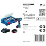 Bosch Professional System Perceuse-visseuse à percussion sans-fil GSB 18V-28 (2 batteries avec 100 accessoires) + Coffret de 4x forets Expert CYL-9 MultiConstruction (pour Béton, Ø 5,5-8 mm)