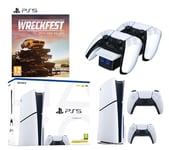 Sony PlayStation 5 (Model Group - Slim), Wreckfest, DualSense Wireless Controller & Twin Docking Station Bundle, White