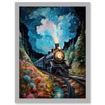 Train Ride to Imagination Land Conceptual Art Oil Painting Dream Journey Railroad Artwork Framed Wall Art Print A4