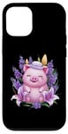 Coque pour iPhone 12/12 Pro Cochon en style dessin animé kawaii avec lavande et lys