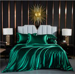 Luofanfei Housse de Couette 140x200 4 Piece Satin Vert foncé Parure de lit Unie Adulte 2 Personne Ensemble Literie Modern Uni Linge de Lit avec Fermeture éclair et 2X 65x65cm Taies d'oreiller