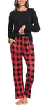 Lovasy Pyjama Femme Coton Ensemble Pyjama Long 2 Pièces Haut à Manches Longues et Pantalon de Pyjama à Carreaux Vêtement de Nuit Grande Taille B Rose M