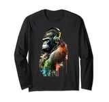 Gorilla Listening to Music on Headphones Painting Gorilla Long Sleeve T-Shirt