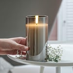 Festive Lights - Authentic Flame 15cm Real Wax Smoked Grey Glass Flameless Battery Operated Candle - Warm White Flickering LED - Safe, Elegant Indoor Christmas & Home Decoration (Without Remote)