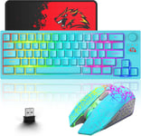 Ensemble Clavier Et Souris De Jeu Sans Fil, Wireless 64 Touches Avec Bouton Rgb Led Rétroéclairé Clavier, Batterie De 4000 Mah, 2400 Dpi Ergonomique Souris Avec Tapis De Souris Pour Pc Gamer - Bleu